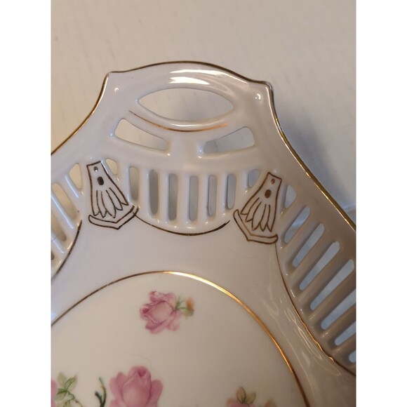 Bavaria German Reticulated Serving Bowl Dish Rose Floral Oval Double Handled - Picture 4 of 10